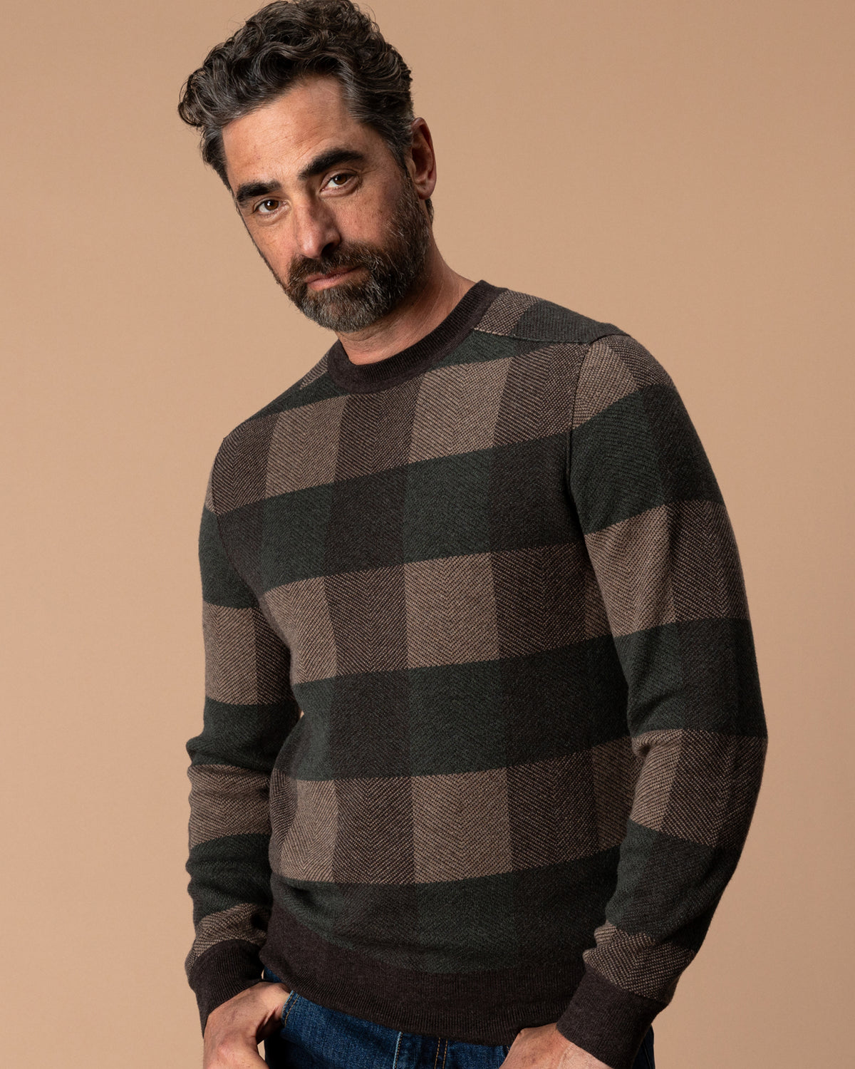 Whitfield Plaid Merino Crewneck Sweater - Chocolate Plum Heather