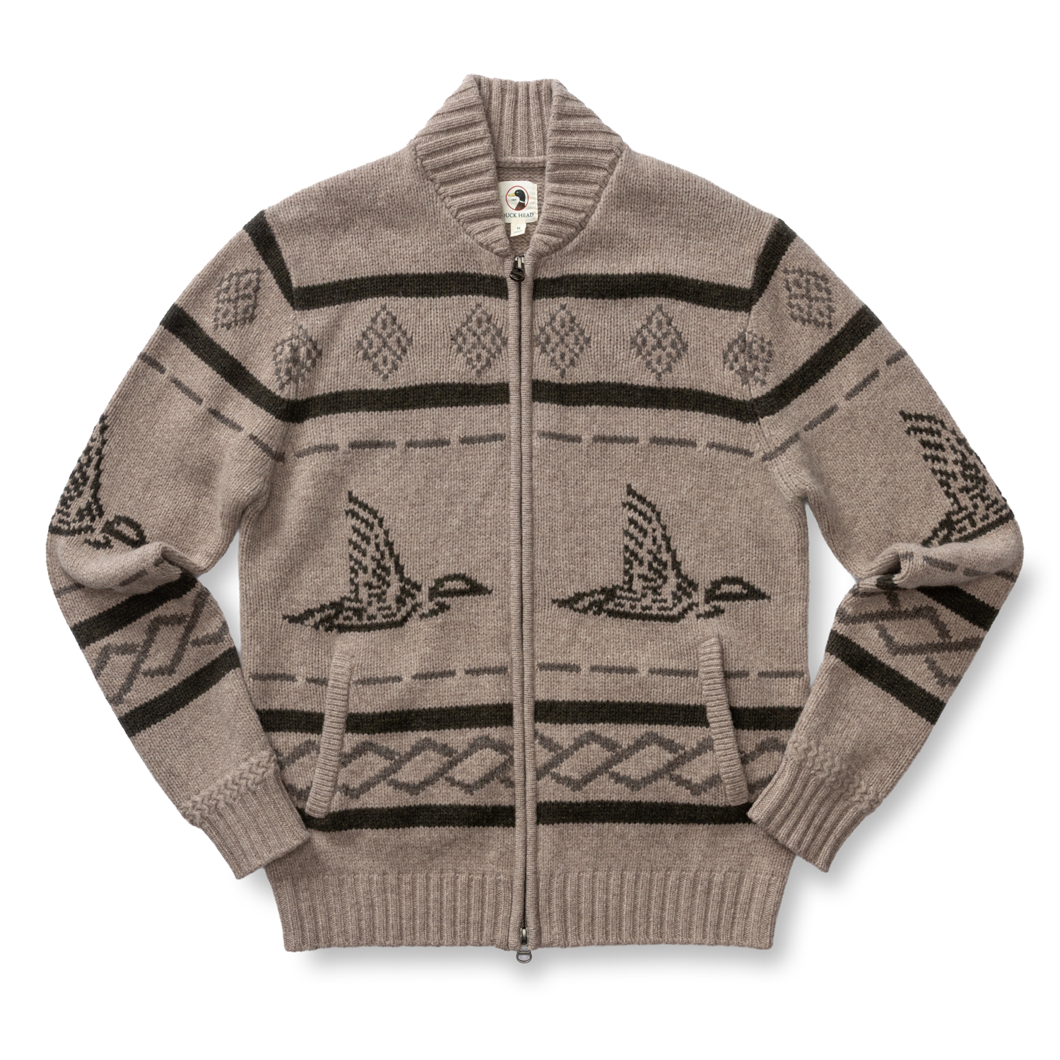 Flying Mallard Merino Intarsia Full Zip Sweater - Clay Heather