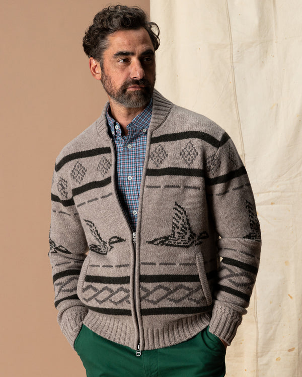 Flying Mallard Merino Intarsia Full Zip Sweater - Clay Heather