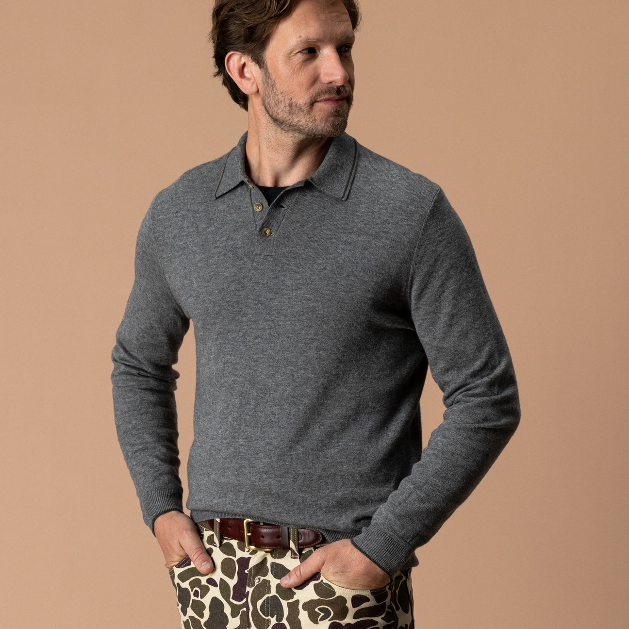 Jonas Merino Polo Sweater - Fossil Gray Heather