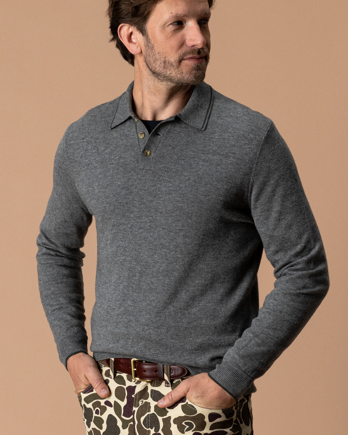 Jonas Merino Polo Sweater - Fossil Gray Heather