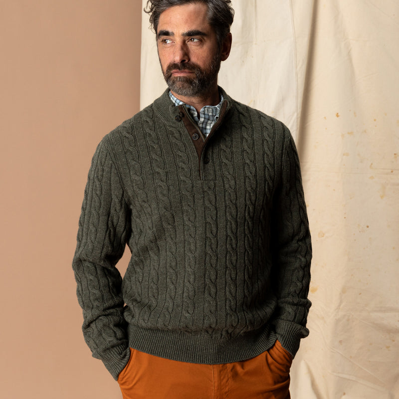 Walcott Merino Cashmere Cable Knit 1/4 Zip Sweater - Dark Olive Heather