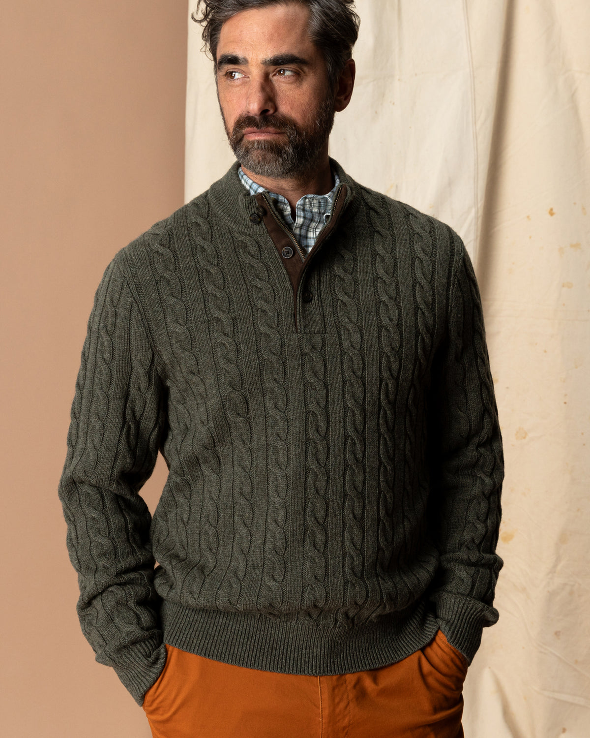 Walcott Merino Cashmere Cable Knit 1/4 Zip Sweater - Dark Olive Heather