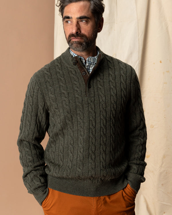 Walcott Merino Cashmere Cable Knit 1/4 Zip Sweater - Dark Olive Heather