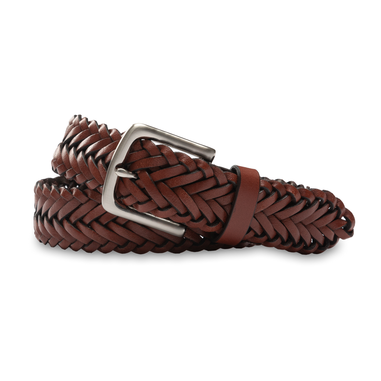 Braided Leather Belt - Brown with Nickel Buckle