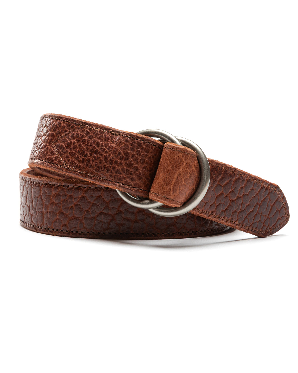 Pebbled Bison Leather O-Ring Belt - Dark Brown
