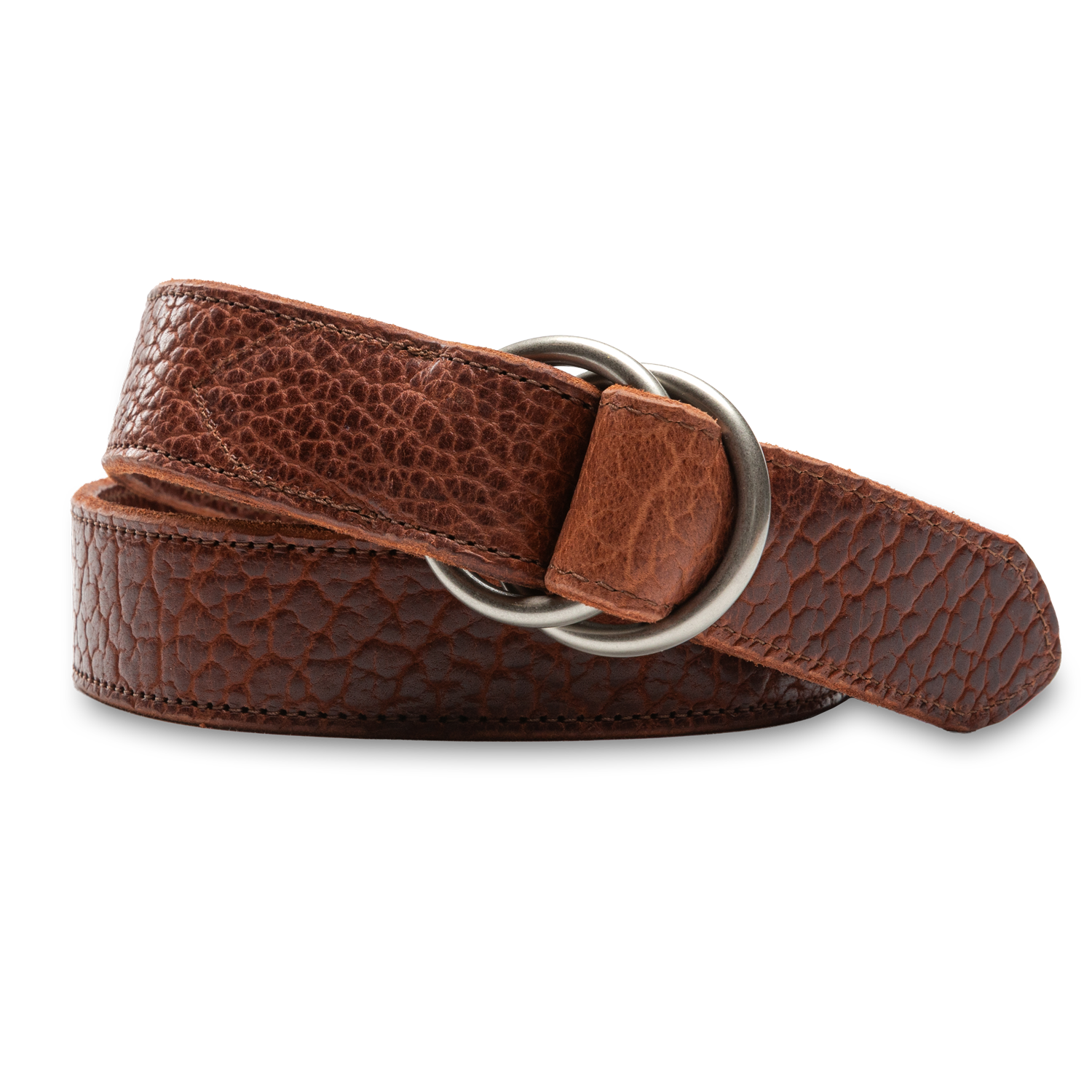 Pebbled Bison Leather O-Ring Belt - Dark Brown W/Nickel Buckle