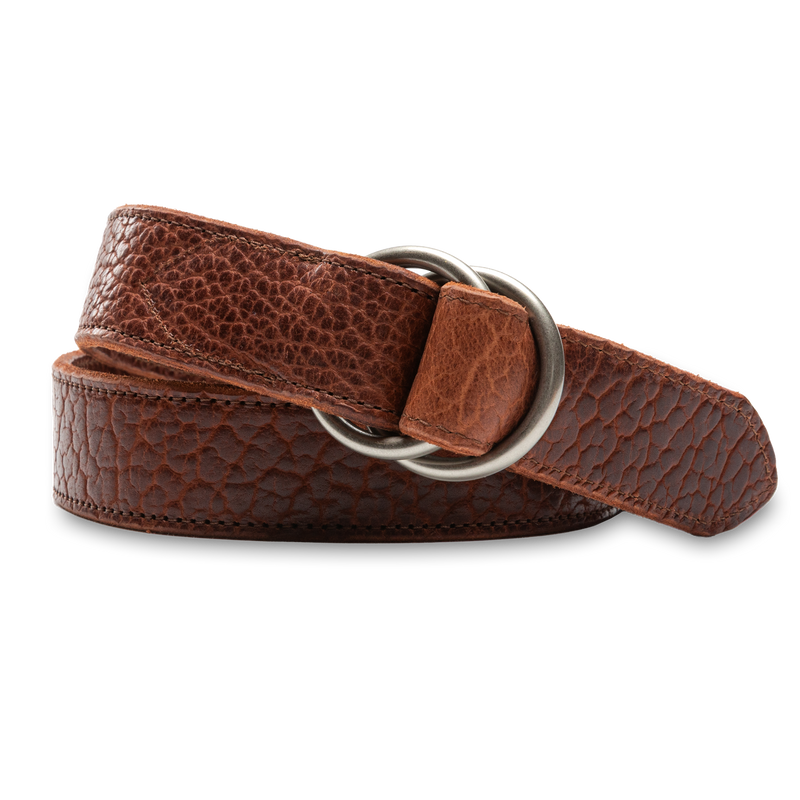 Pebbled Bison Leather O-Ring Belt - Dark Brown W/Nickel Buckle