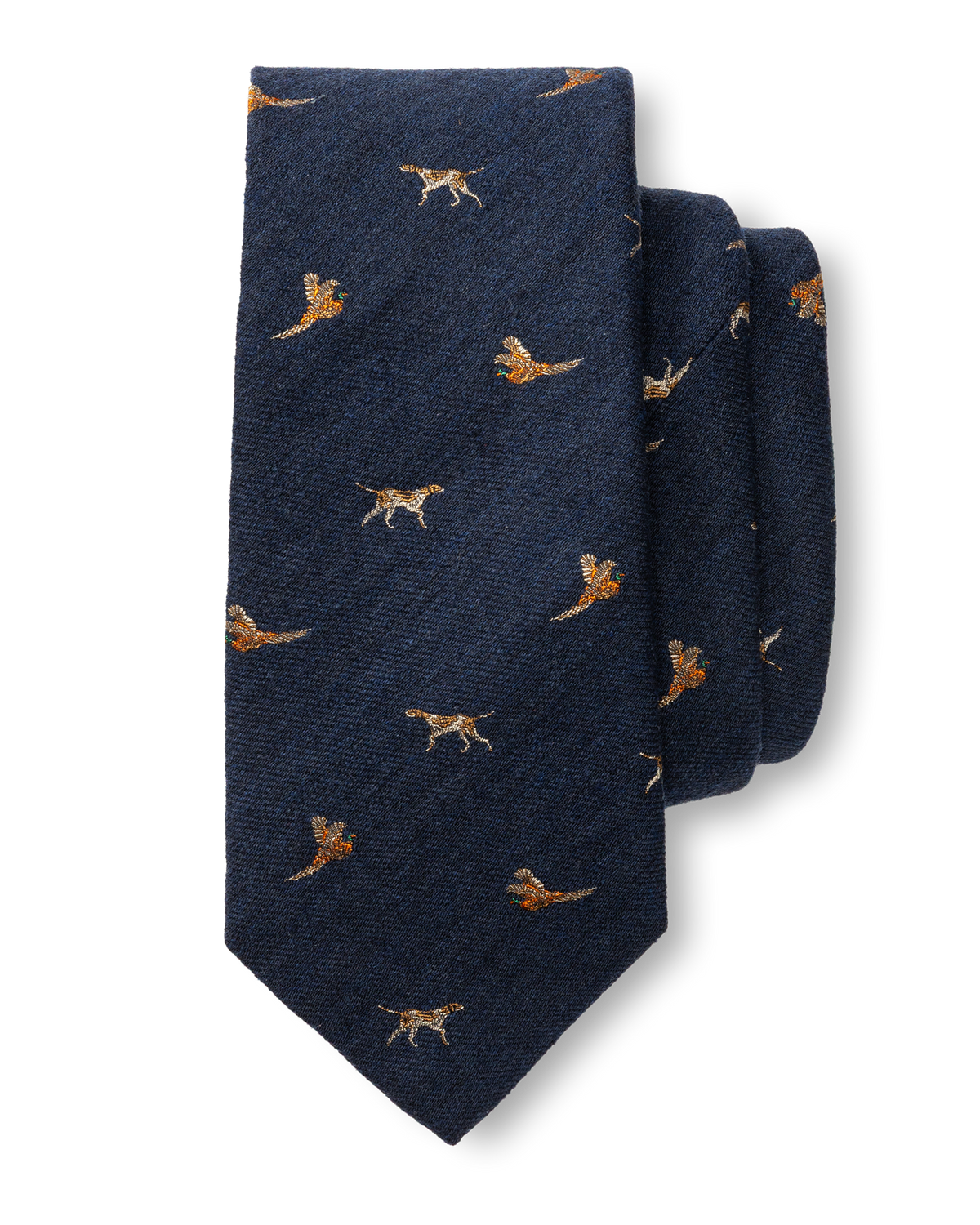 Wool Silk Dog & Pheasant Motif Tie - Indigo Blue