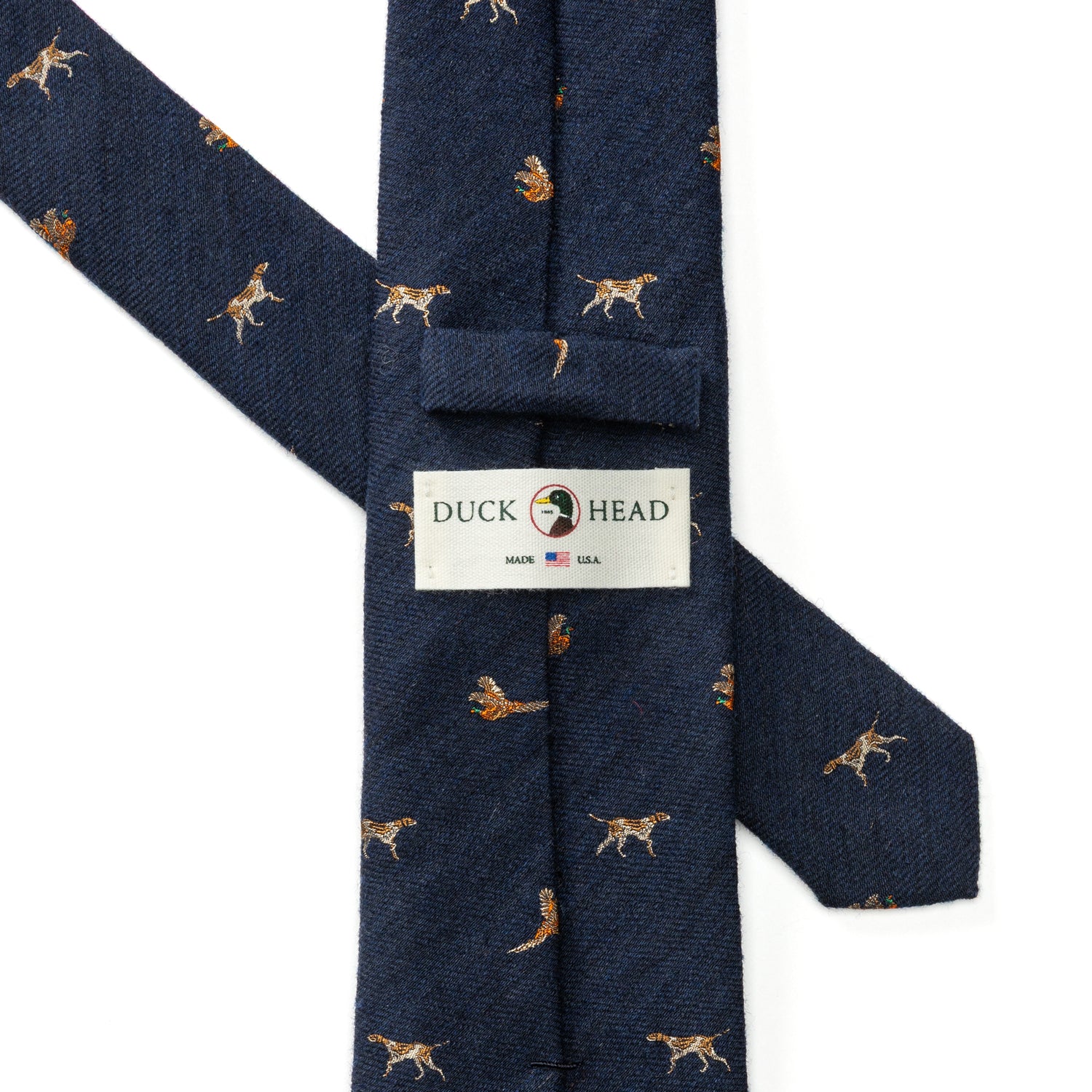 Wool Silk Dog & Pheasant Motif Tie - Indigo Blue