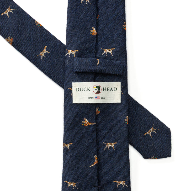 Wool Silk Dog & Pheasant Motif Tie - Indigo Blue