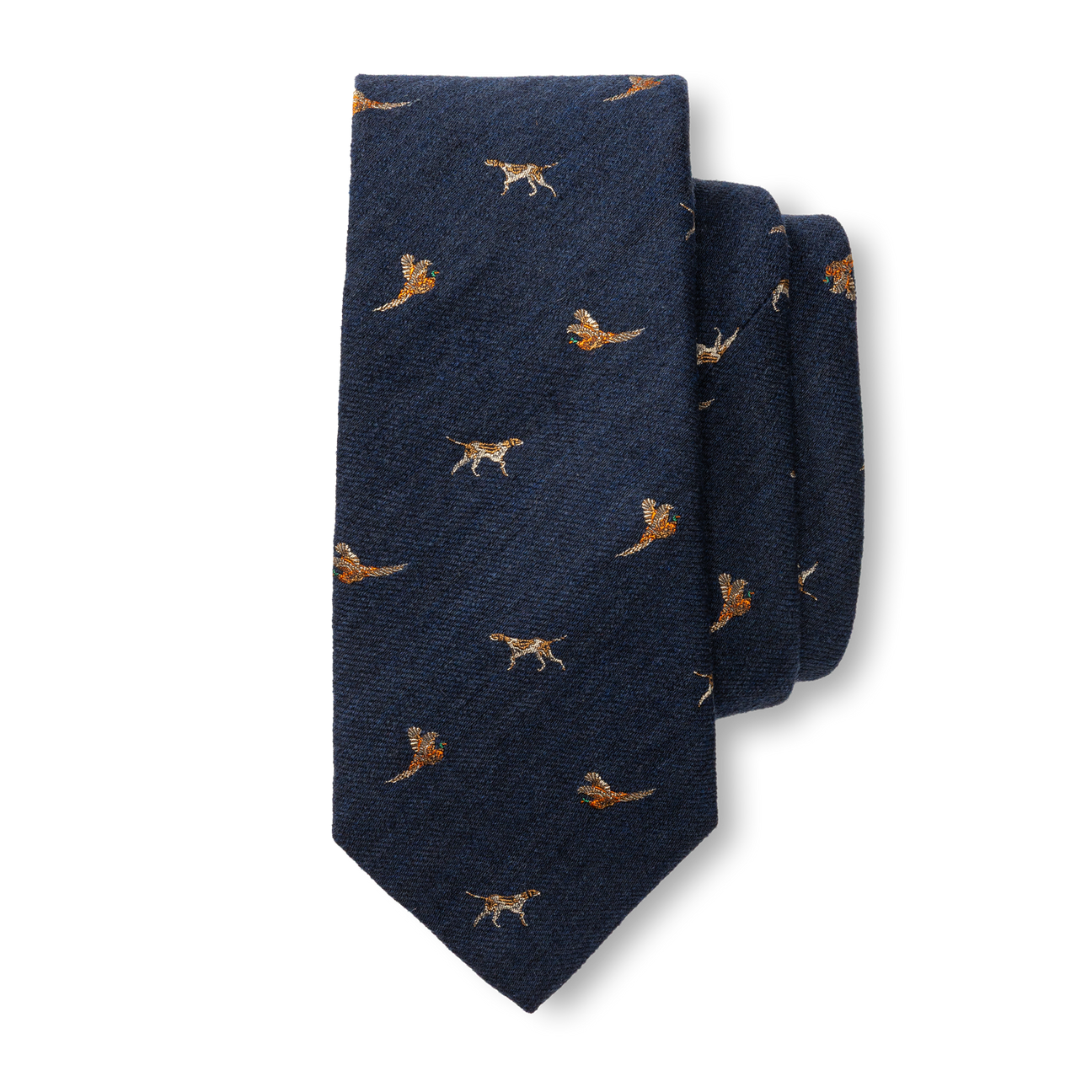 Wool Silk Dog & Pheasant Motif Tie - Indigo Blue