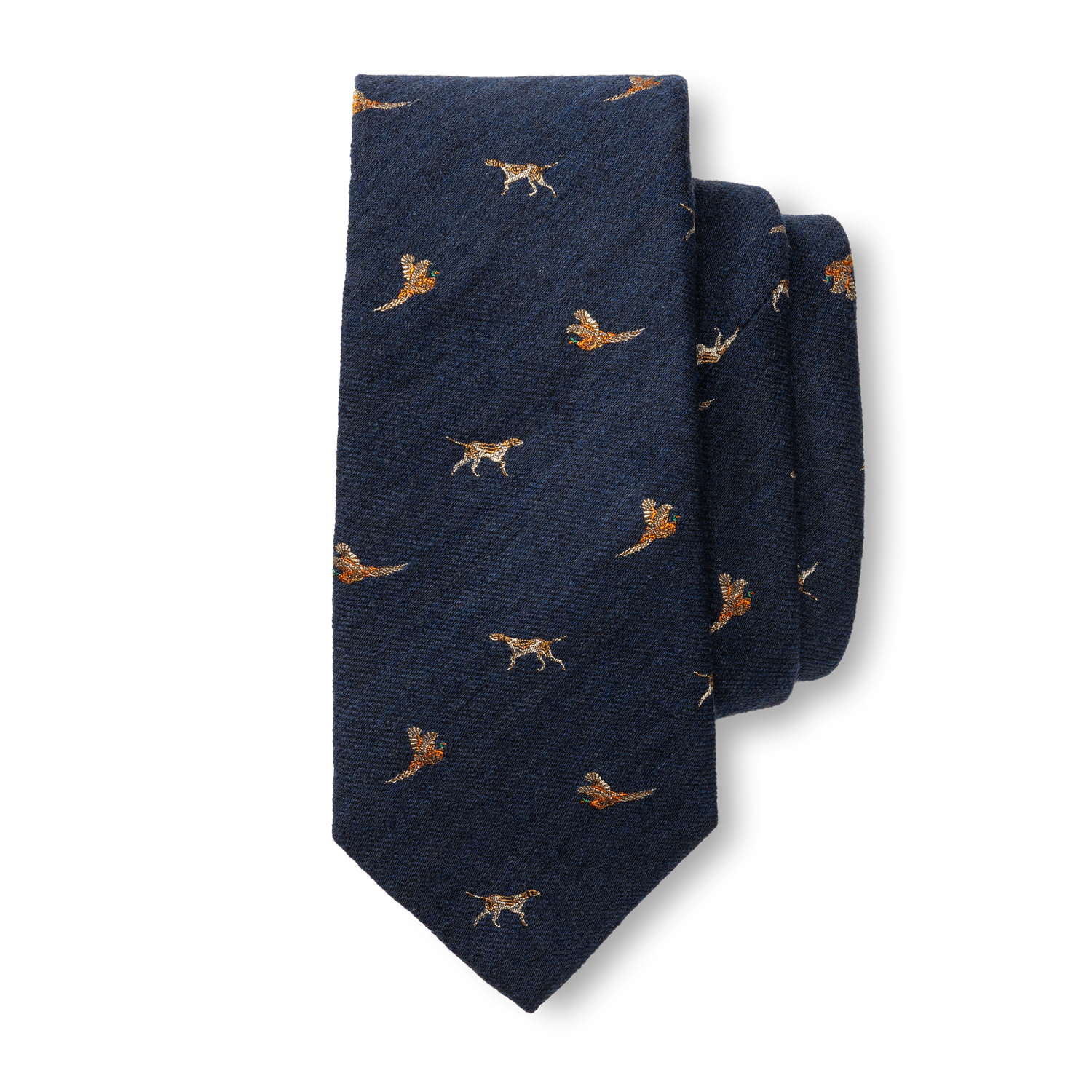 Wool Silk Dog & Pheasant Motif Tie - Indigo Blue