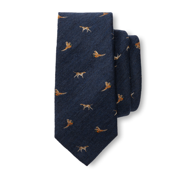 Wool Silk Dog & Pheasant Motif Tie - Indigo Blue