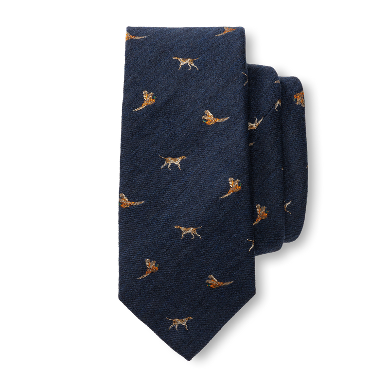 Wool Silk Dog & Pheasant Motif Tie - Indigo Blue