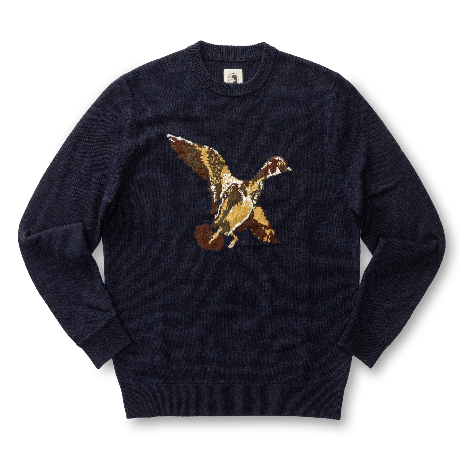 Flying Wood Duck Merino Intarsia Crewneck Sweater - Deep Navy Heather