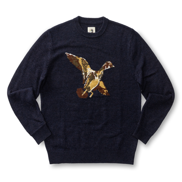 Flying Wood Duck Merino Intarsia Crewneck Sweater - Deep Navy Heather
