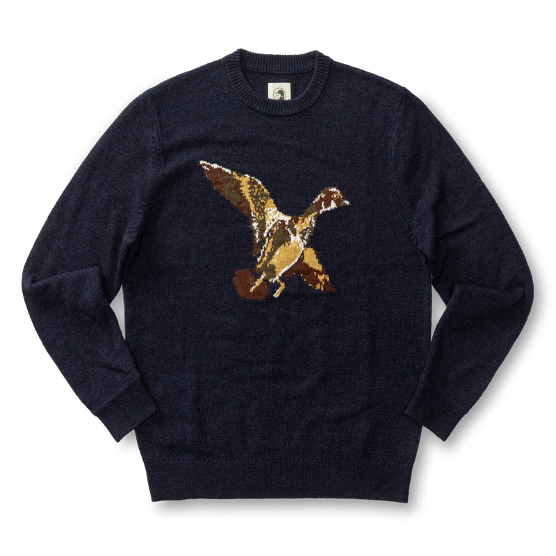 Flying Wood Duck Merino Intarsia Crewneck Sweater - Deep Navy Heather
