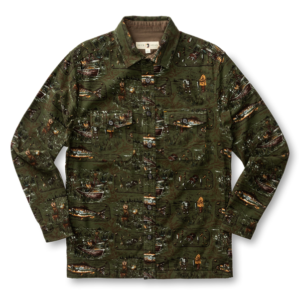 Slater Moleskin Overshirt - Fisherman Print - Dark Forest Green