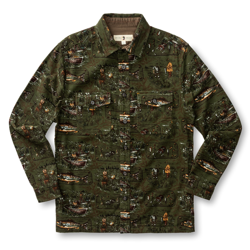 Slater Moleskin Overshirt - Fisherman Print - Dark Forest Green