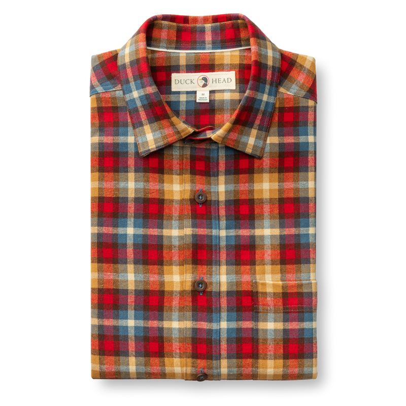 Cotton Flannel Sport Shirt - Dunwell Plaid - Pomegranate